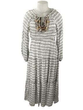 Skemo White Abstract Beaded Tie Neck Long Sleeve Tiered Midi A-line Dress Size M